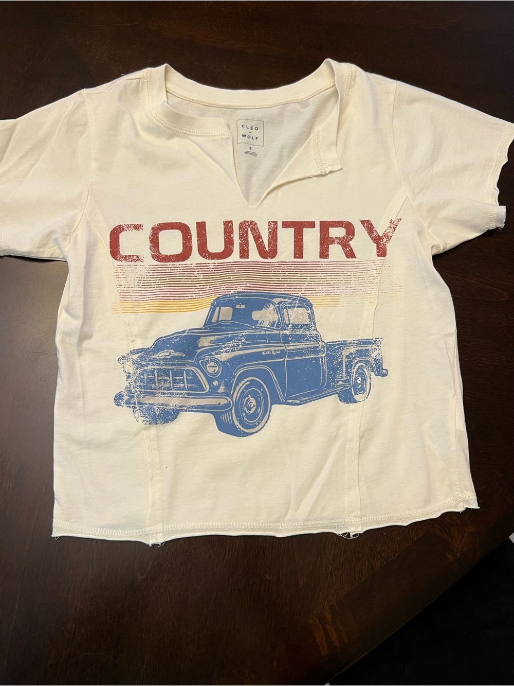 Women’s Country Graphic Tee - Cream with Blue & Red Print - Bronco